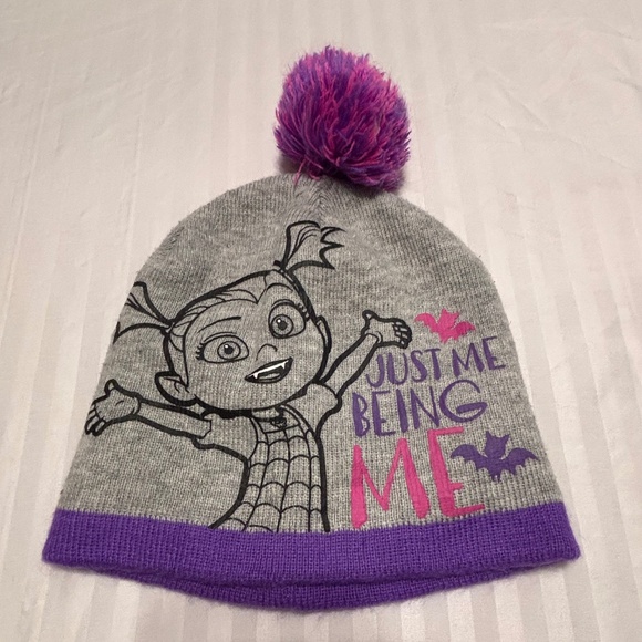 Disney Girls Beanie Gray/Purple Pompom - Picture 1 of 3